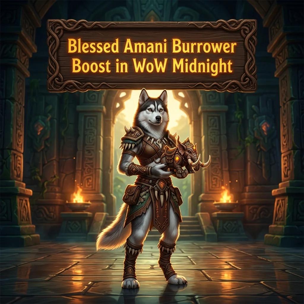 Promotional image for the Blessed Amani Burrower Boost in WoW Midnight service.
