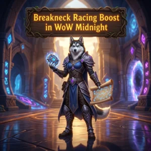 Promotional image for Breakneck Racing Boost in World of Warcraft: Midnight, representing the named Breakneck Racing boost service.