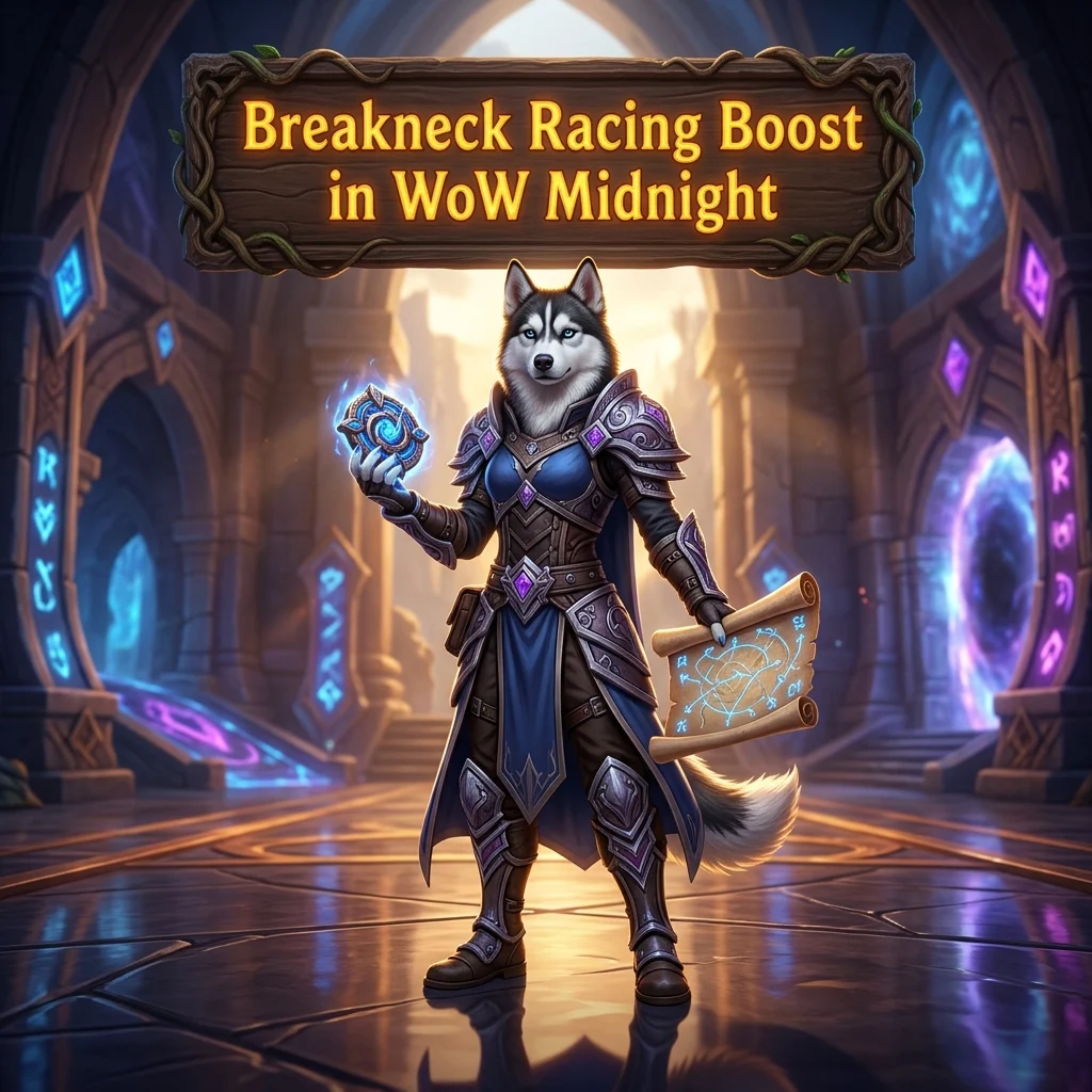 Promotional image for Breakneck Racing Boost in World of Warcraft: Midnight, representing the named Breakneck Racing boost service.