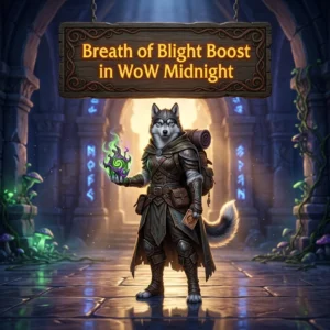 Promotional image for the Breath of Blight Boost in WoW Midnight service, focused specifically on the Breath of Blight boost.