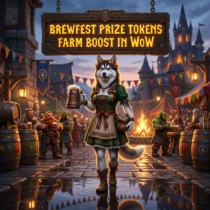 Promotional image for a Brewfest Prize Tokens farm boost service in World of Warcraft (WoW).