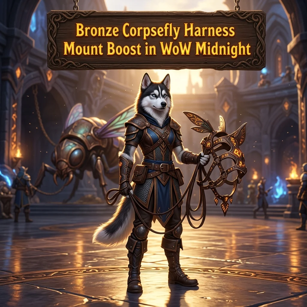 Promotional image for the Bronze Corpsefly Harness Mount Boost service in WoW Midnight.