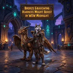 Promotional image for the Bronze Gravewing Harness Mount Boost service in WoW Midnight