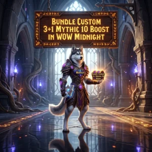 Promotional image for Bundle Custom 3+1 Mythic 10 Boost in WoW Midnight, a custom Mythic 10 boost bundle.