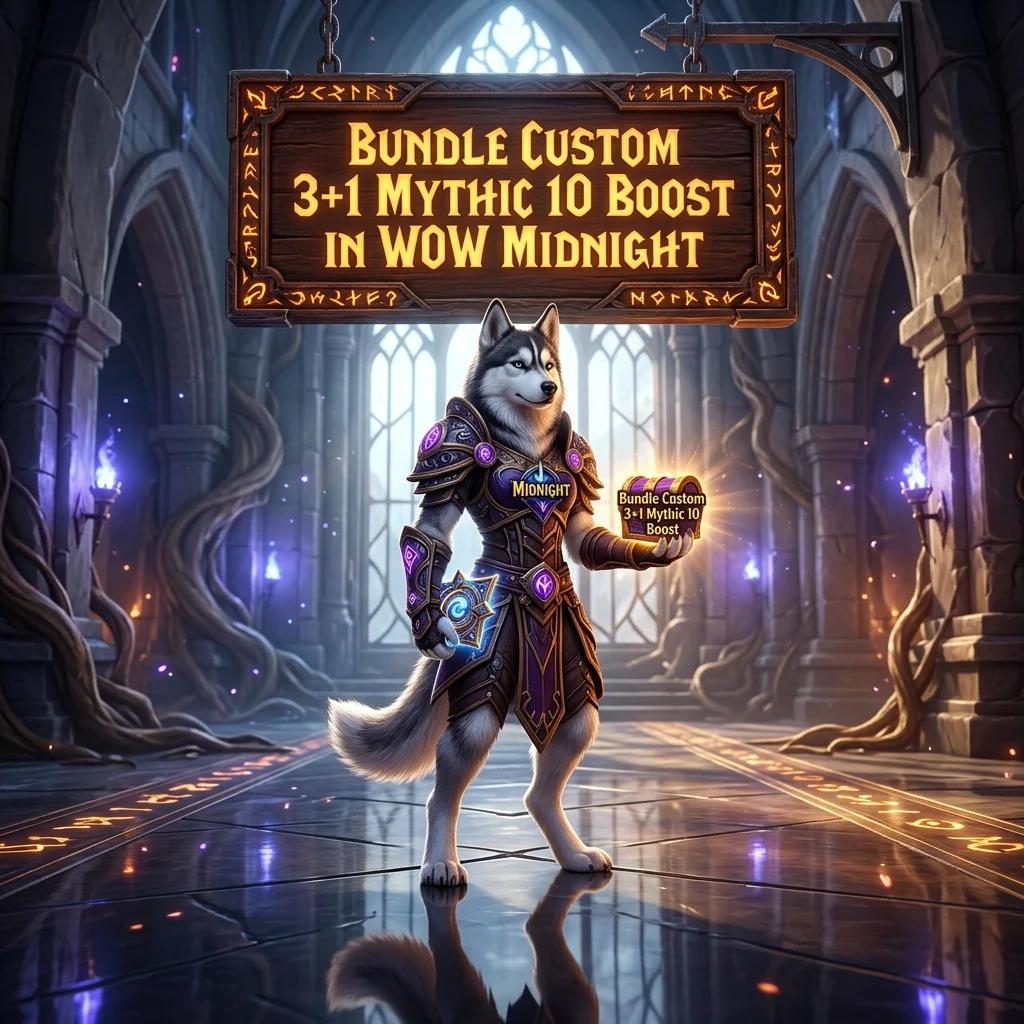 Promotional image for Bundle Custom 3+1 Mythic 10 Boost in WoW Midnight, a custom Mythic 10 boost bundle.