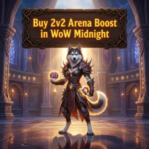 Promotional image for the Buy 2v2 Arena Boost service in WoW Midnight, focused on 2v2 arena boosting.