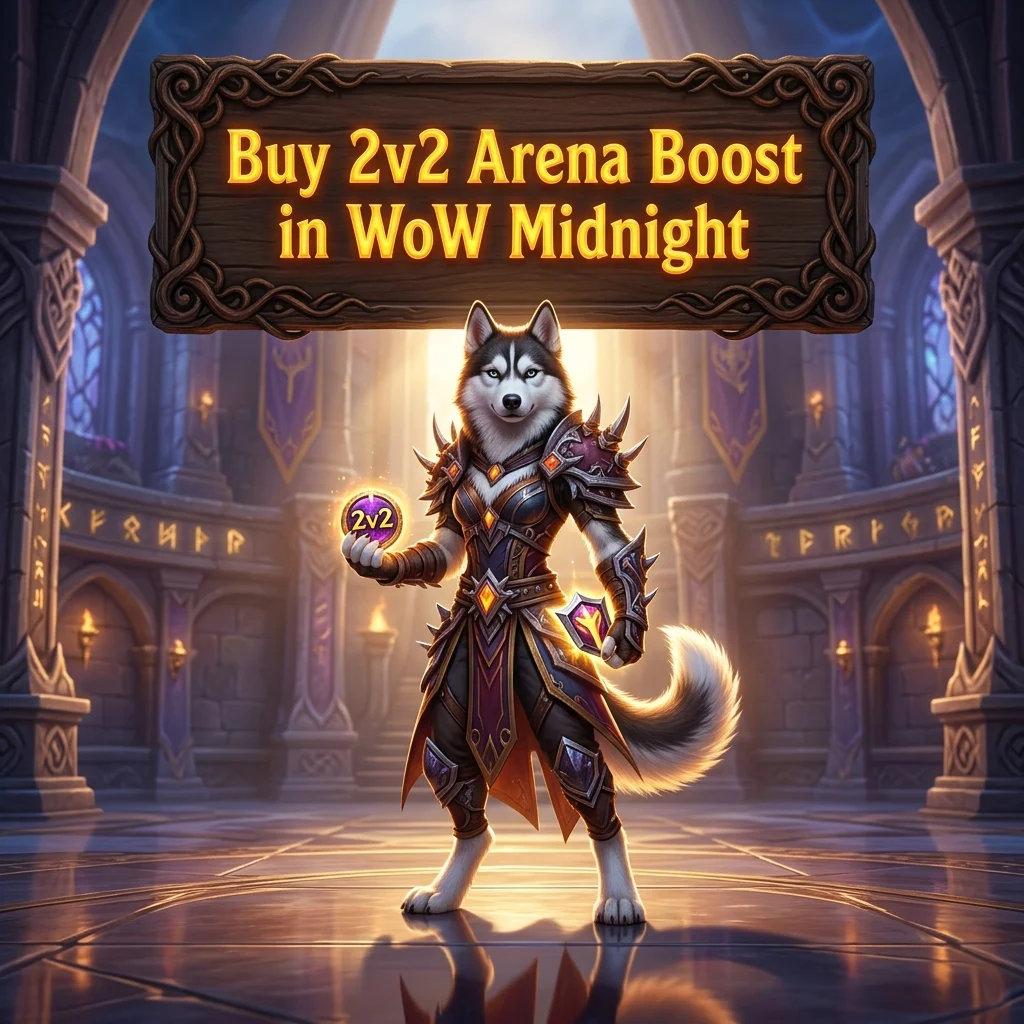 Promotional image for the Buy 2v2 Arena Boost service in WoW Midnight, focused on 2v2 arena boosting.