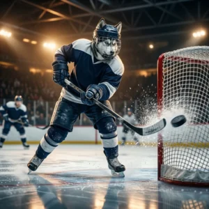 Ilustrasi permainan hoki ais yang berkaitan dengan panduan menjaringkan gol dalam NHL 26, tanpa teks atau tanda yang boleh dibaca.