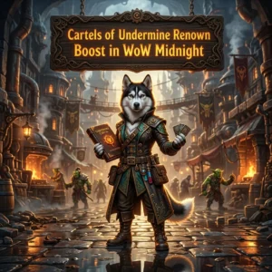 Promotional image for the Cartels of Undermine Renown Boost service in WoW Midnight.