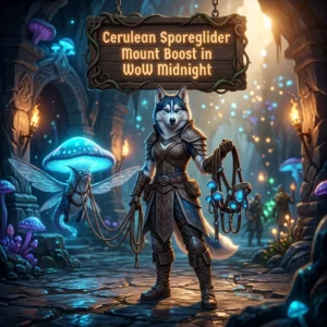 Promotional image for the Cerulean Sporeglider Mount Boost service in WoW Midnight.