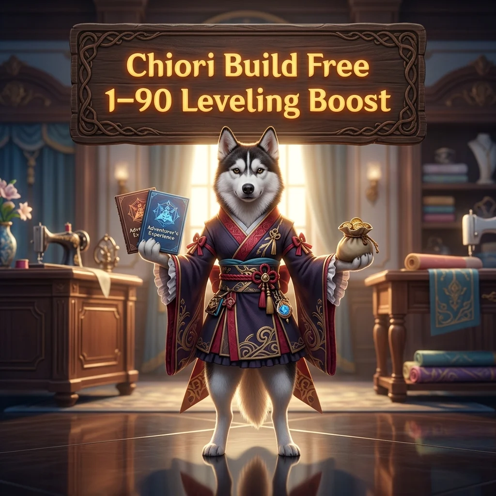 Promotional image for the Chiori Build Free 1–90 Leveling Boost service in Genshin Impact
