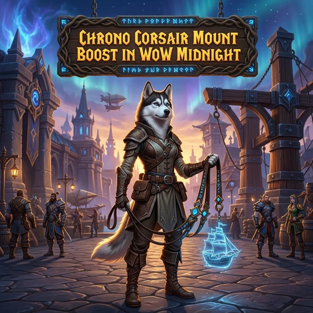 Promotional image for the Chrono Corsair Mount Boost service in WoW Midnight.