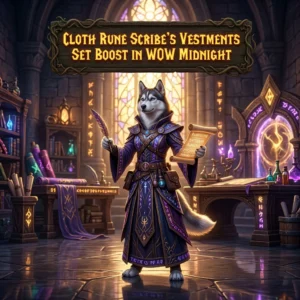 Promotional image for the Cloth Rune Scribe’s Vestments Set Boost in WoW Midnight, representing the named service.