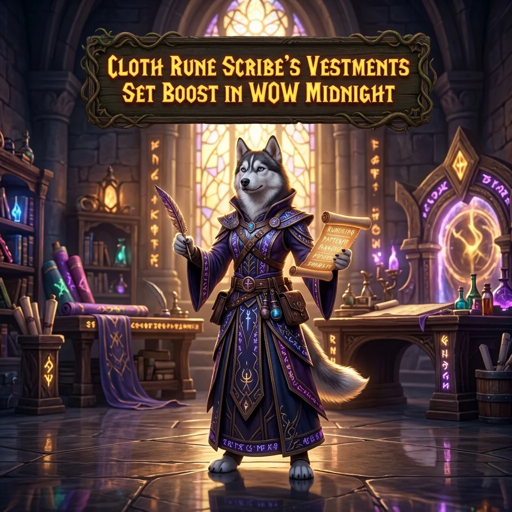 Promotional image for the Cloth Rune Scribe’s Vestments Set Boost in WoW Midnight, representing the named service.