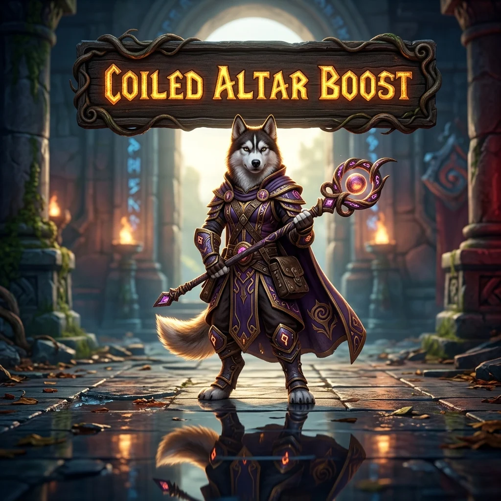 Promotional image for Coiled Altar Boost in WoW Midnight, highlighting the service name for World of Warcraft players.