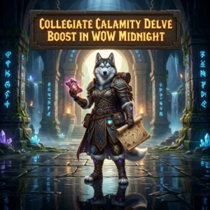 Promotional image representing the Collegiate Calamity Delve Boost service in WoW Midnight.