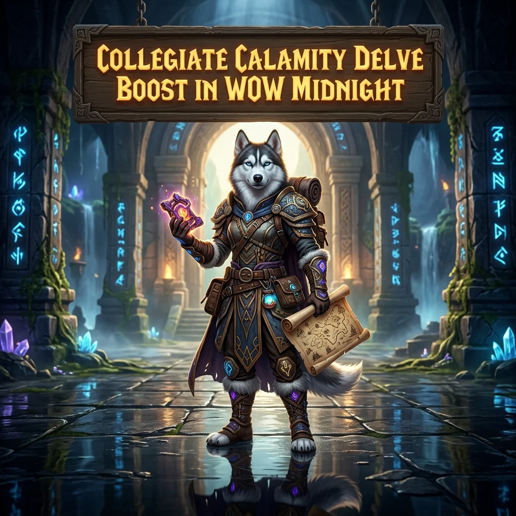 Promotional image representing the Collegiate Calamity Delve Boost service in WoW Midnight.
