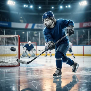 Illustrazione a tema hockey su ghiaccio per una guida su come segnare gol in NHL 26