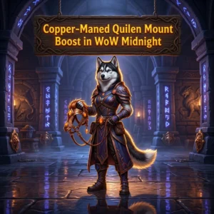 Promotional image for the Copper-Maned Quilen Mount Boost service in WoW Midnight