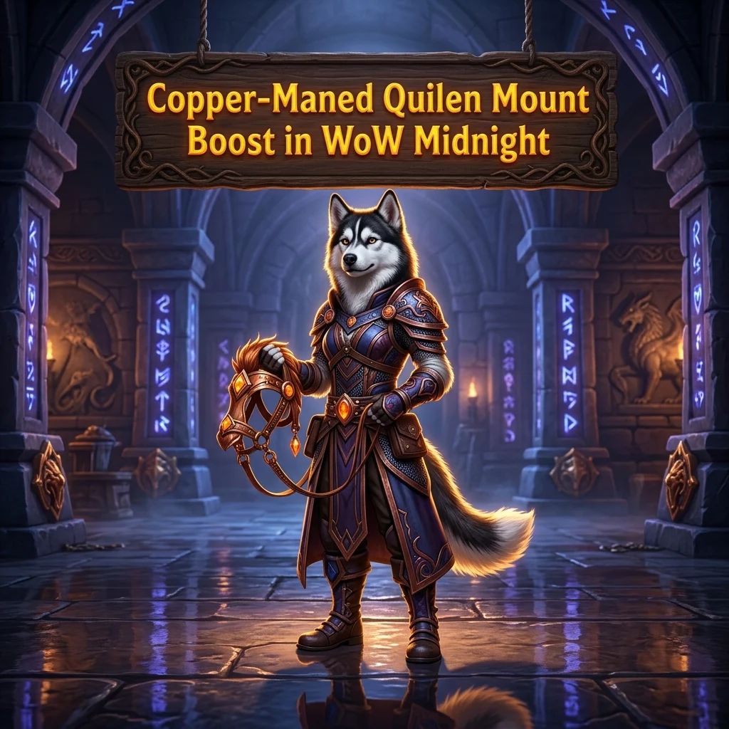 Promotional image for the Copper-Maned Quilen Mount Boost service in WoW Midnight
