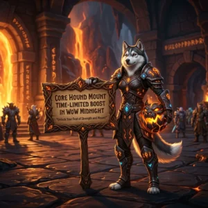 Promotional image for the Core Hound Mount Time-Limited Boost service in WoW Midnight.