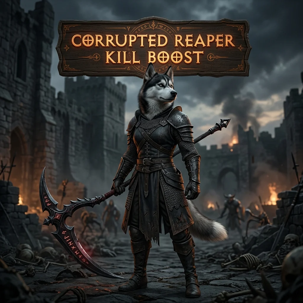 Promotional image for Corrupted Reaper Kill Boost in Diablo 4, identifying the service for players seeking this specific in-game boost.