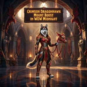 Promotional image for the Crimson Dragonhawk Mount Boost in WoW Midnight service.