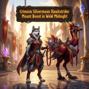 Promotional image for the Crimson Silvermoon Hawkstrider Mount Boost service in WoW Midnight.