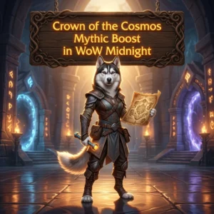 Promotional image representing the Crown of the Cosmos Mythic Boost service in World of Warcraft: Midnight