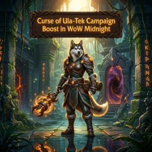 Promotional image for the Curse of Ula-Tek Campaign Boost service in World of Warcraft: Midnight