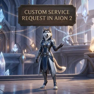 Upright female Husky in game-themed clothing beneath a custom service request sign for AION 2.