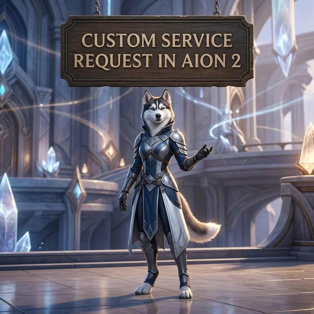 Upright female Husky in game-themed clothing beneath a custom service request sign for AION 2.