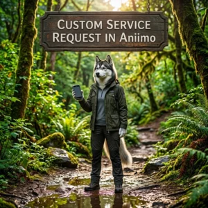 Anthropomorphic female Husky in game-themed clothing beside a sign for an Aniimo custom service request.
