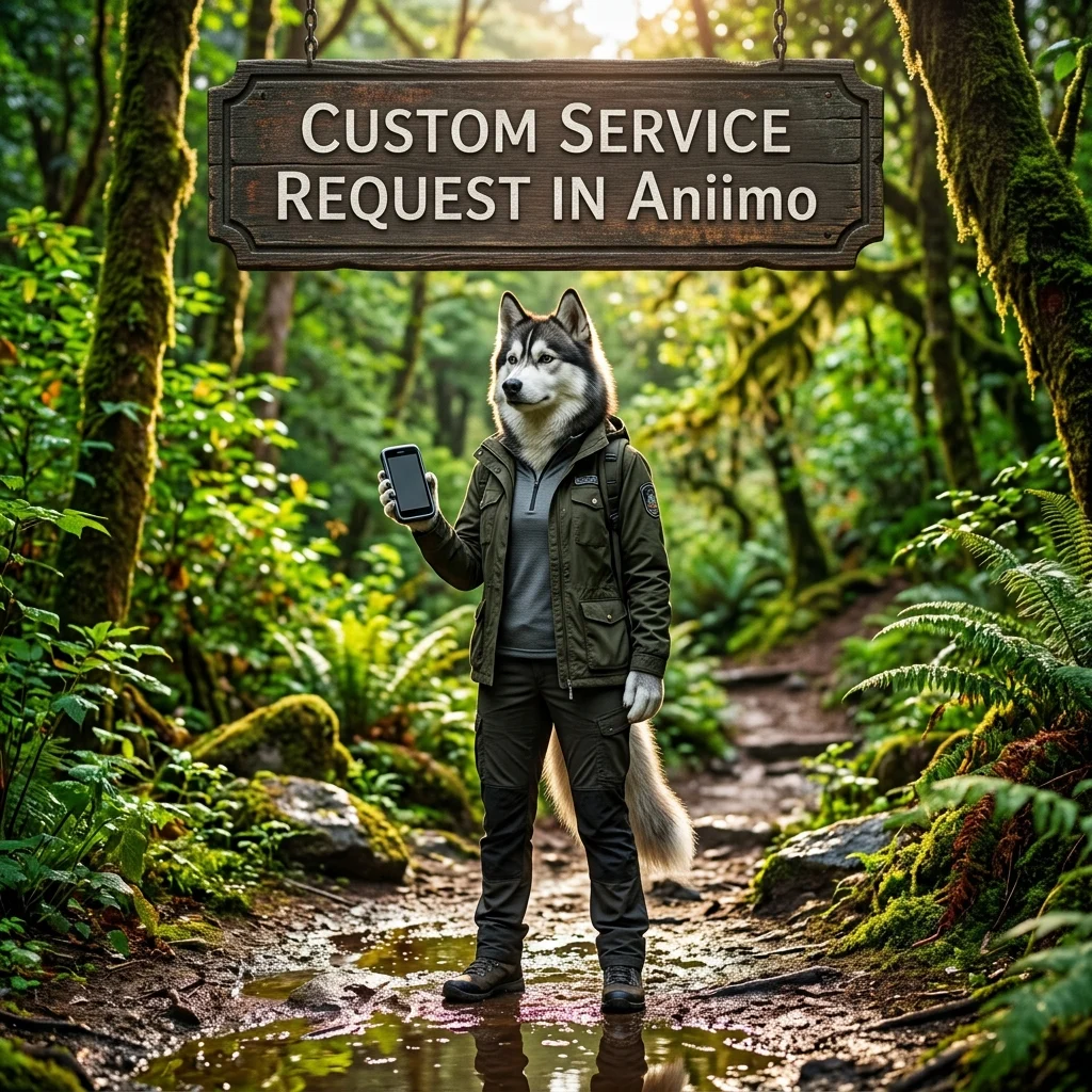 Anthropomorphic female Husky in game-themed clothing beside a sign for an Aniimo custom service request.