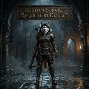 Square Diablo 5 themed artwork showing a clothed anthropomorphic Husky beneath a sign for a custom service request.
