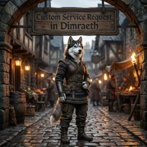 Square game-themed artwork for a custom service request in Dimraeth, featuring a clothed anthropomorphic female Husky and offer sign.