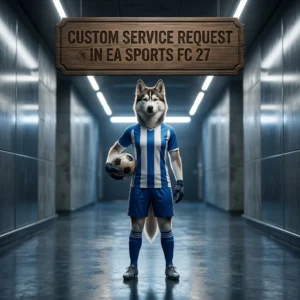Square promotional artwork showing an upright female Husky in football styling beneath a custom service request sign for EA SPORTS FC 27.