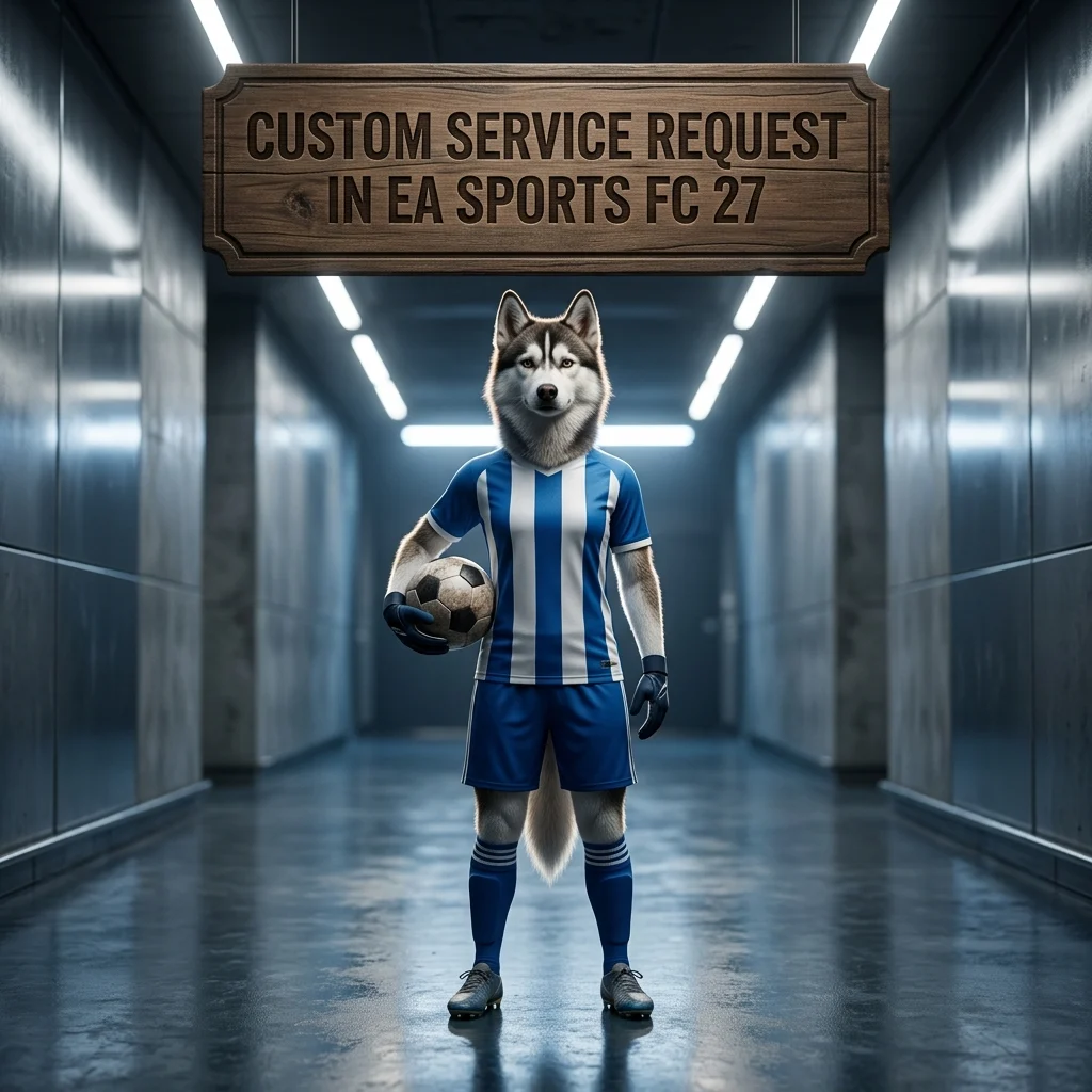 Square promotional artwork showing an upright female Husky in football styling beneath a custom service request sign for EA SPORTS FC 27.