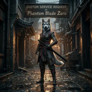 Square artwork showing an upright female Husky, a custom service request sign, and a Phantom Blade Zero-inspired game setting.
