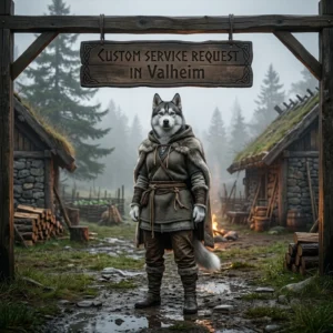Square Valheim-themed promotional artwork with a clothed female Husky and a top sign for a custom service request.