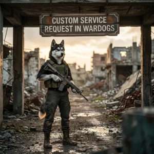 Square game-themed artwork showing an upright, clothed female Husky in a Wardogs setting beneath a custom service sign.