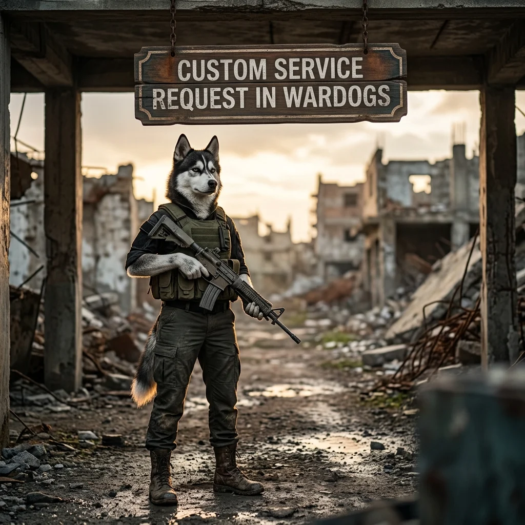 Square game-themed artwork showing an upright, clothed female Husky in a Wardogs setting beneath a custom service sign.