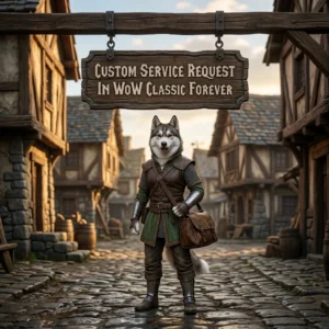 Square WoW Classic Forever artwork showing an upright female Husky with a sign for a custom service request.