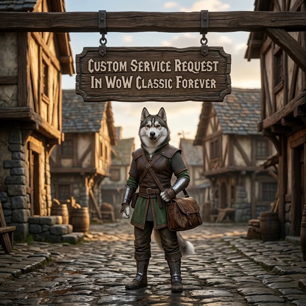 Square WoW Classic Forever artwork showing an upright female Husky with a sign for a custom service request.