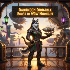 Promotional image for the Darkmoon Dirigible Boost service in WoW Midnight.
