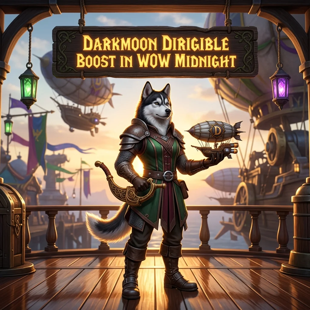 Promotional image for the Darkmoon Dirigible Boost service in WoW Midnight.