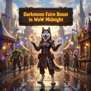 Promotional image for the Darkmoon Faire Boost service in World of Warcraft: Midnight