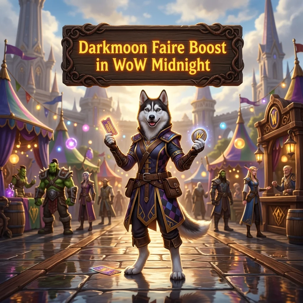 Promotional image for the Darkmoon Faire Boost service in World of Warcraft: Midnight