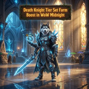 Promotional image for the Death Knight Tier Set Farm Boost in WoW Midnight, representing a service focused on farming the Death Knight tier set.