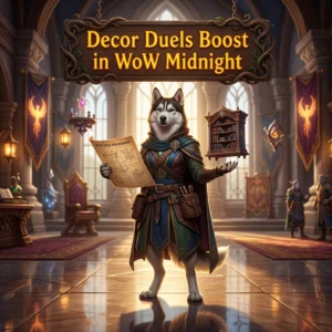 Promotional image for the Decor Duels Boost service in WoW Midnight, identifying the product and its specific game context.